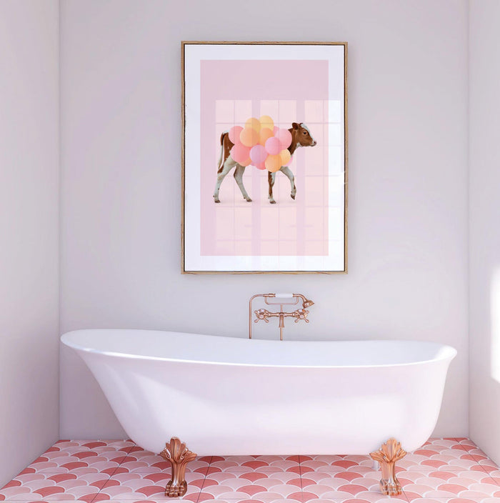 Farm Animal Nursery Prints – Pastel Pink Cow, Goat, Pig with Balloons