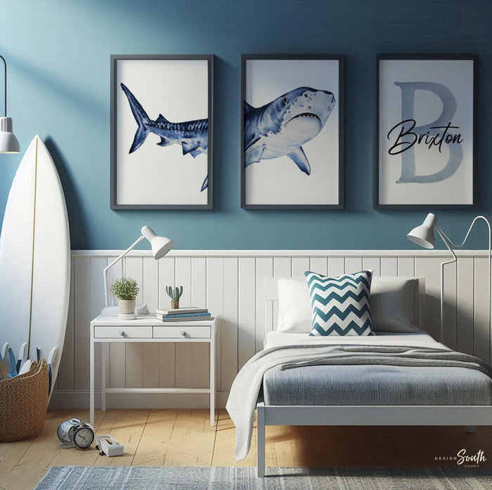 Personalized Shark Wall Art Set: Watercolor Ocean Nursery Prints, Baby Boy Name & Initial Decor, Blue Coastal Kids Room Artwork