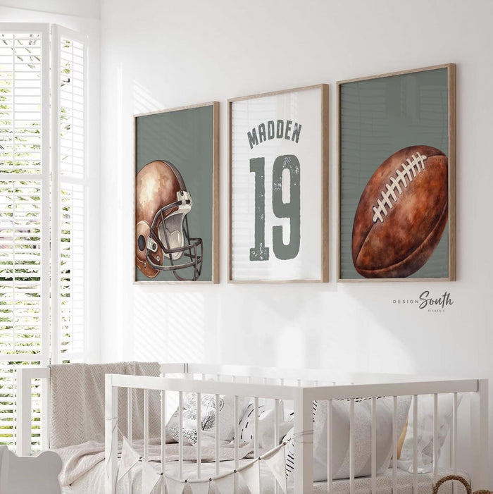 Sage Green Sports Nursery Decor: Personalized Football Name & Number Print Set