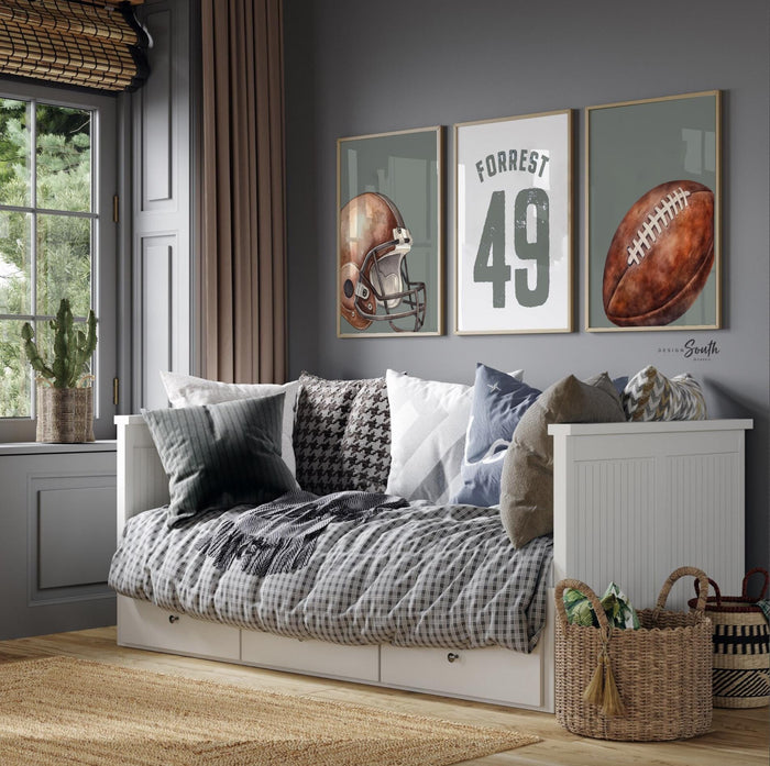 Sage Green Sports Nursery Decor: Personalized Football Name & Number Print Set