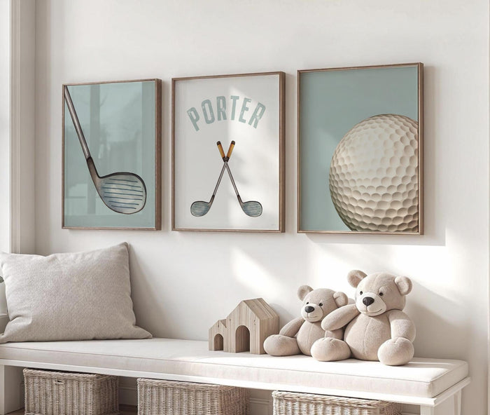 Personalized Golf Nursery Art: Golf Ball & Clubs Prints, Set of 3