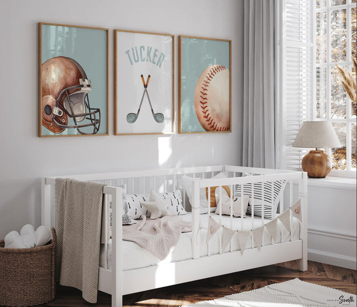 Personalized Sports Wall Art: Football, Baseball & Golf Prints – Set of 3 Watercolor Name Decor