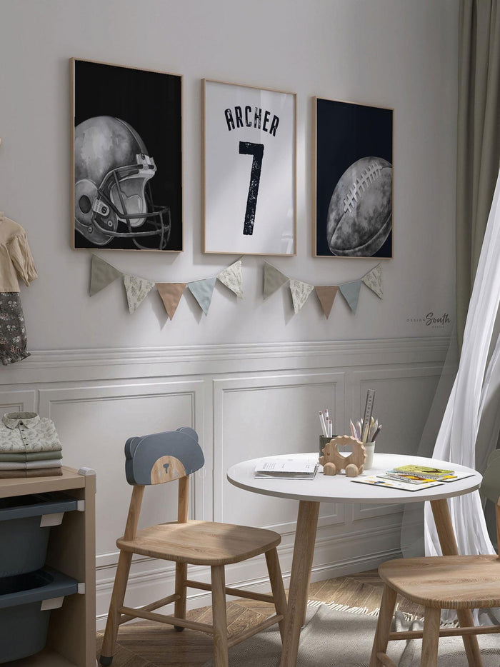 Custom Name Football Wall Art, Black and White Sports Prints, Helmet, Jersey and Ball, Set of 3