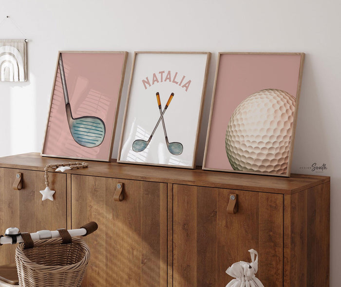 Golf Girl Nursery Wall Art Set of 3, Pink Golf Themed Room Decor, Watercolor Golf Cart & Clubs Prints for Girls Room