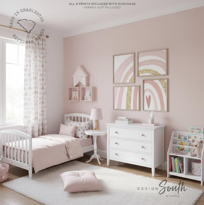 Personalized Twin Girls Room Art: Pink Gold Rainbow Prints