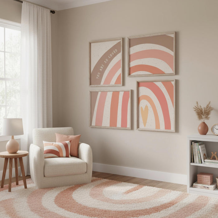 Rainbow Nursery Prints: Boho Coral Girl Room Decor (UNFRAMED, Customizable Colors)