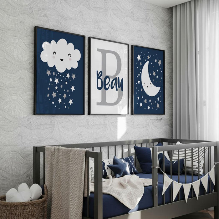 Navy & Gray Celestial Nursery Prints: Moon, Stars, Cloud (Unframed)
