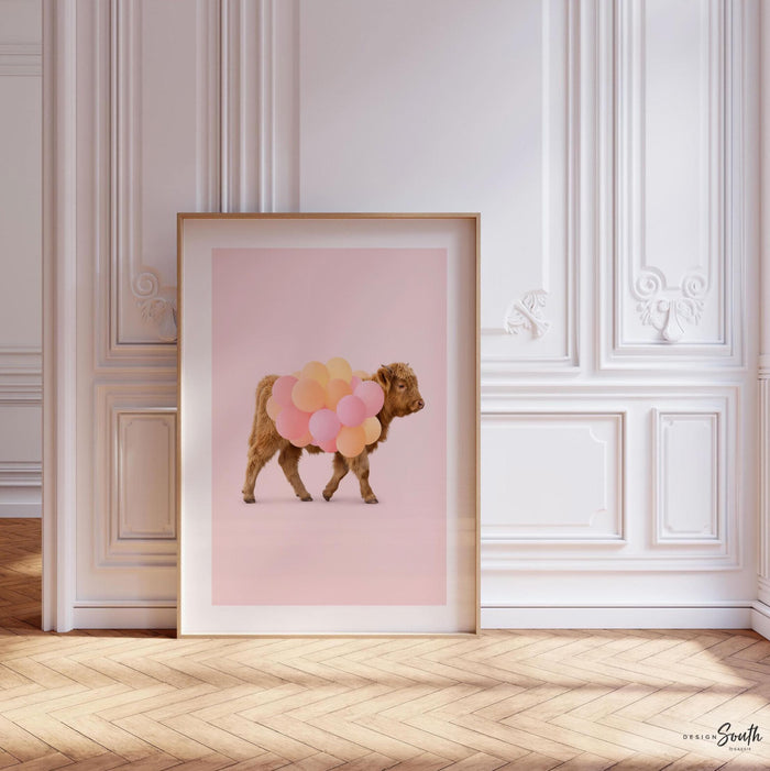 Chic Highland Cow Wall Art Print – Baby Cow with Pink & Orange Balloons – Girl Nursery or Playroom Décor
