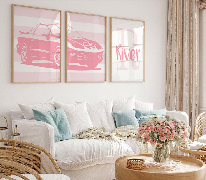 Pink Pontiac Trans Am Prints – Personalized Nursery Wall Art, Set of 3