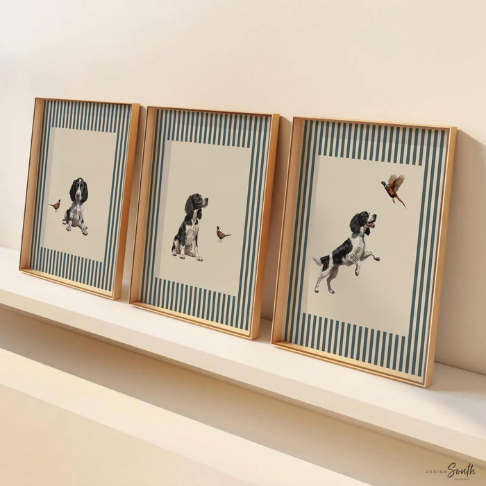 English Springer Spaniel Puppy Art Prints, Pheasant Hunting Dog Decor, Set of 3