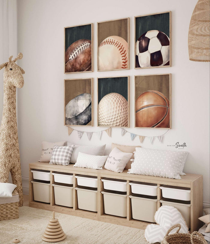 Sports Ball Art Prints – Industrial Style Nursery Decor, Set of 6