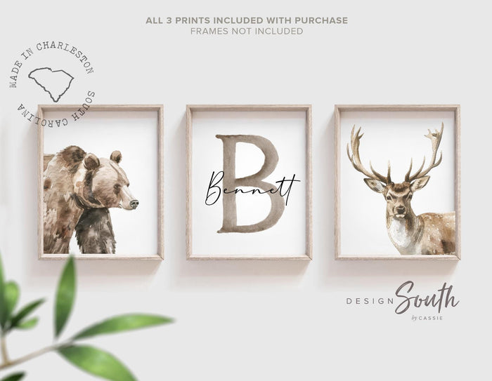 Personalized Woodland Animal Nursery Prints – Bear & Deer Set of 3 Boy Bedroom Wall Art