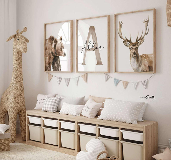 Personalized Woodland Animal Nursery Prints – Bear & Deer Set of 3 Boy Bedroom Wall Art