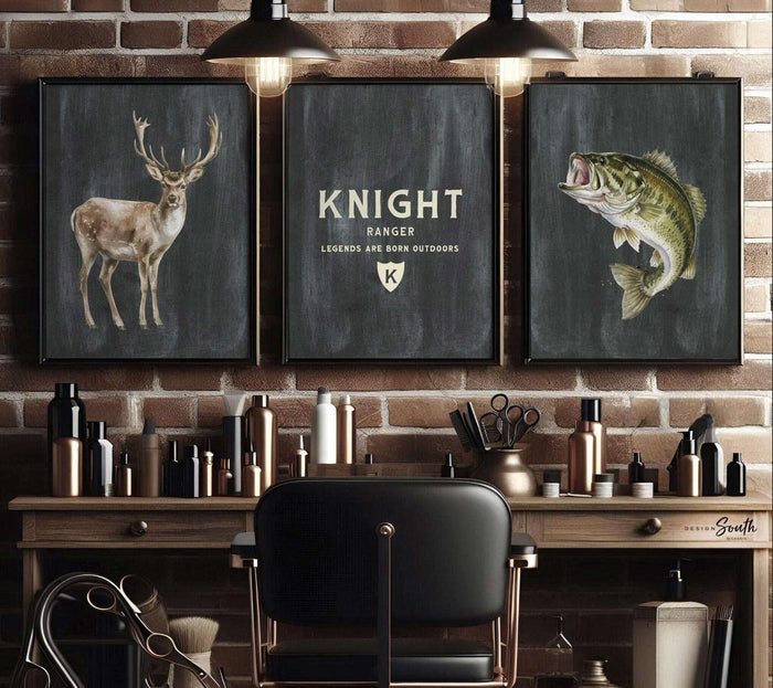Personalized Buck Deer & Bass Fish Nursery Wall Art Set of 3 – Little Boys Hunting Fishing Hunter Bedroom Prints