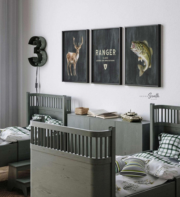 Personalized Buck Deer & Bass Fish Nursery Wall Art Set of 3 – Little Boys Hunting Fishing Hunter Bedroom Prints