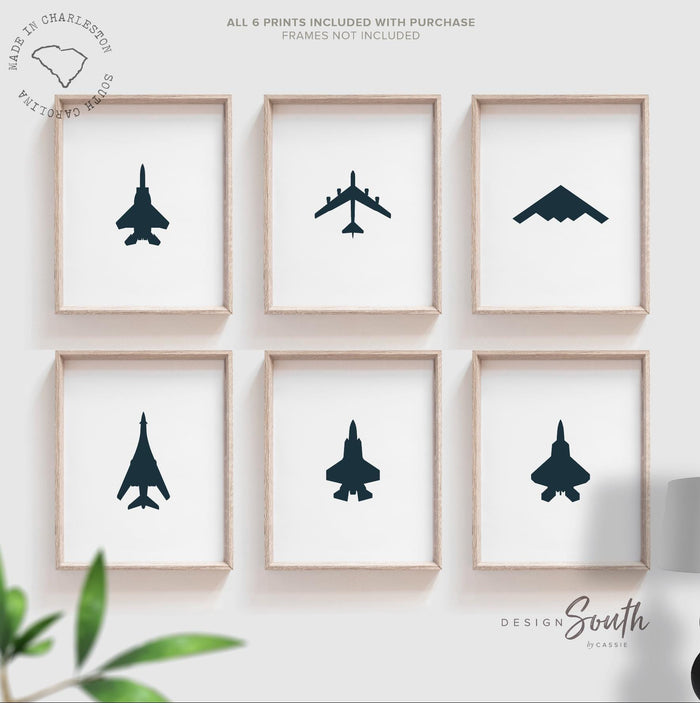 Air Force Airplane Wall Art Set of 6 – Navy Blue Military Jets F15 F22 F35 B1 B2 B52 – Boys Nursery Bedroom Decor