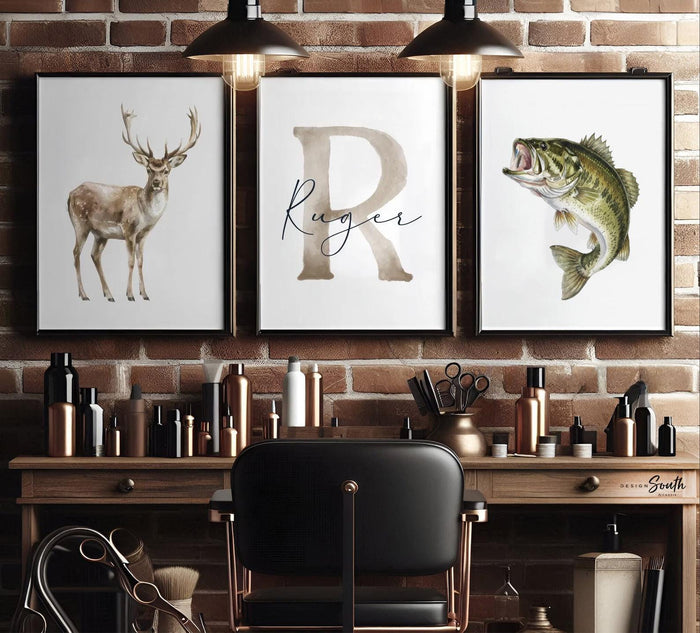 Deer & Bass Fish Nursery Wall Art – Personalized Hunter Fisherman Prints for Boys (Set of 3)