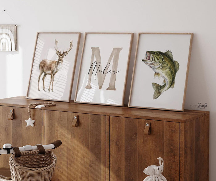 Deer & Bass Fish Nursery Wall Art – Personalized Hunter Fisherman Prints for Boys (Set of 3)