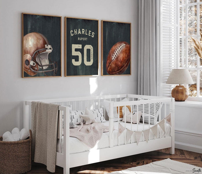 Custom Jersey Number Sports Prints for Boys Room, Vintage Football Wall Decor, Baby Boy Football Nursery Wall Art (Set of 3)