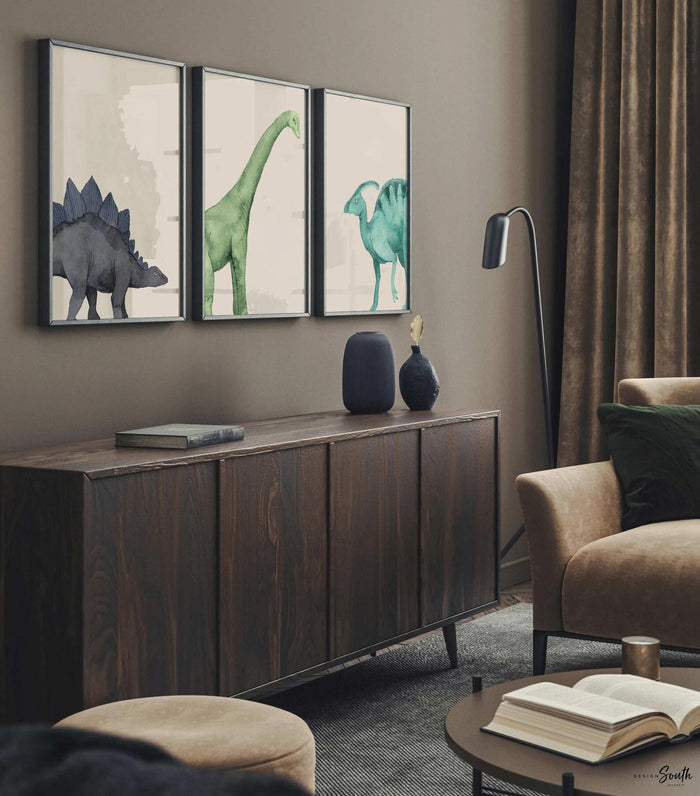 Watercolor Dinosaur Nursery Prints – Navy Teal Dino Wall Art Set (3 Prints)