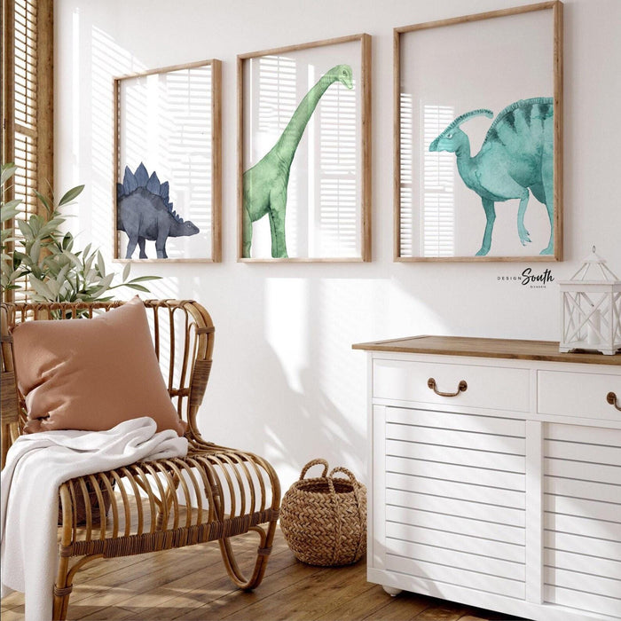 Watercolor Dinosaur Nursery Prints – Navy Teal Dino Wall Art Set (3 Prints)