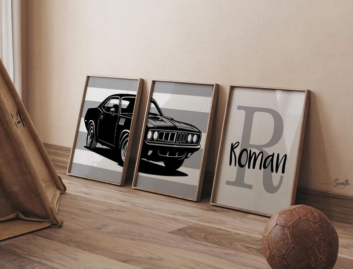 1971 Plymouth Barracuda Nursery Prints Set of 3 – Black Gray Muscle Car Wall Art, Personalized Boy Name Initial, Diptych Style