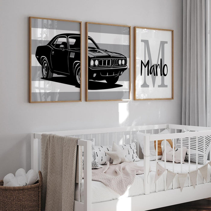 1971 Plymouth Barracuda Nursery Prints Set of 3 – Black Gray Muscle Car Wall Art, Personalized Boy Name Initial, Diptych Style