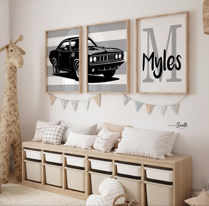 1971 Plymouth Barracuda Nursery Prints Set of 3 – Black Gray Muscle Car Wall Art, Personalized Boy Name Initial, Diptych Style