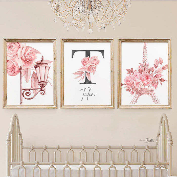Pink Paris Nursery Prints Set of 3 – Eiffel Tower Floral Wall Art, Monogram Name Initial, Romantic Girls Room Decor