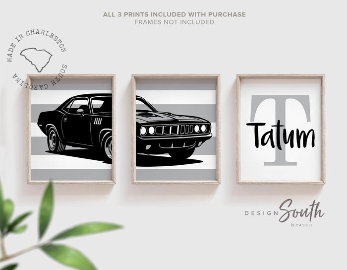 1971 Plymouth Barracuda Nursery Prints Set of 3 – Black Gray Muscle Car Wall Art, Personalized Boy Name Initial, Diptych Style