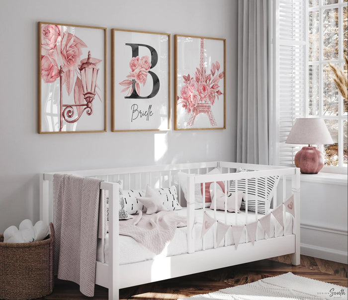 Pink Paris Nursery Prints Set of 3 – Eiffel Tower Floral Wall Art, Monogram Name Initial, Romantic Girls Room Decor