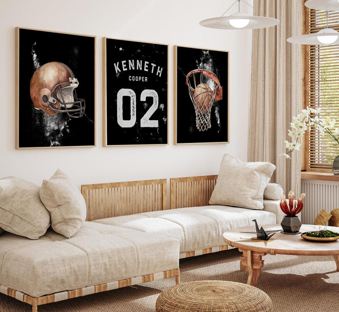 Personalized Sports Nursery Art – Football Helmet, Basketball Hoop Prints