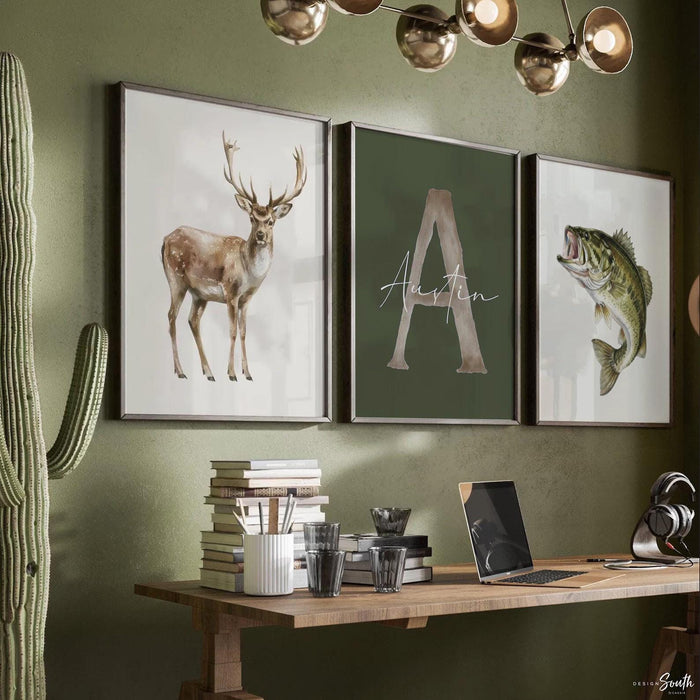 Personalized Nursery Prints – Buck Deer, Bass Fish, Name Initial Wall Art