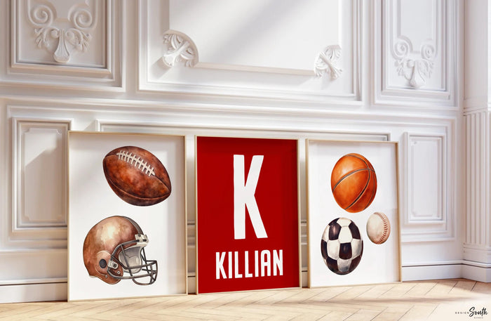 Ochre Yellow Sports Nursery Prints Set of 3, Football Soccer Baseball Basketball Wall Art, Personalized Boy Bedroom Decor Gift
