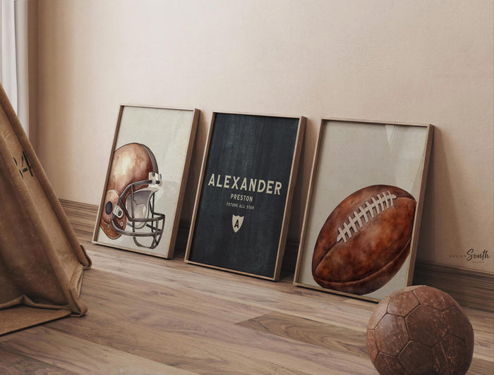 Personalized Watercolor Football Nursery Prints, Helmet, Name Decor (Set of 3)