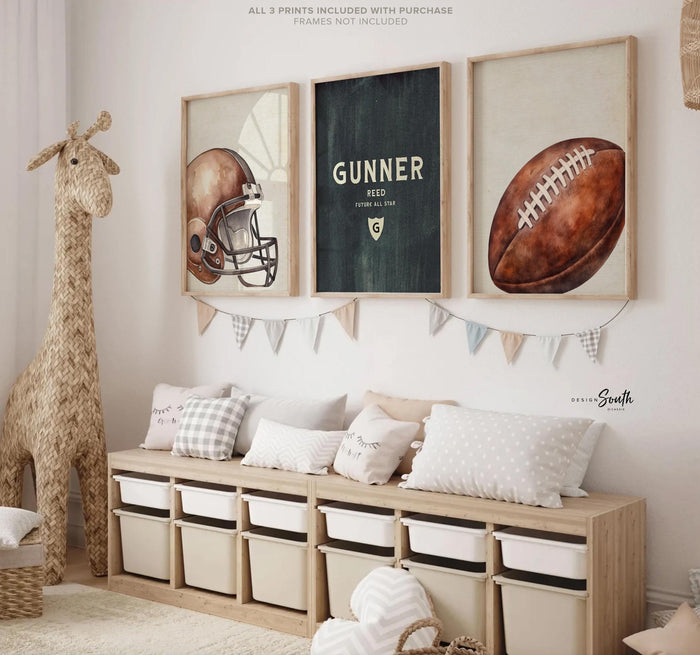 Personalized Watercolor Football Nursery Prints, Helmet, Name Decor (Set of 3)