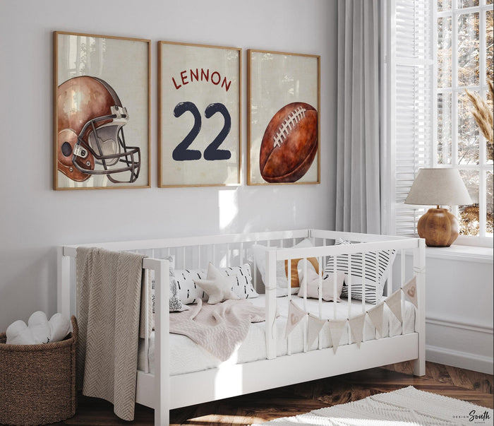Vintage Football Nursery Art – Watercolor Helmet, Ball, Personalized Name Prints