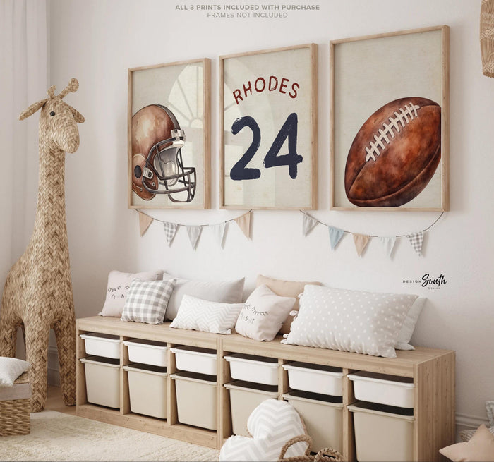 Vintage Football Nursery Art – Watercolor Helmet, Ball, Personalized Name Prints