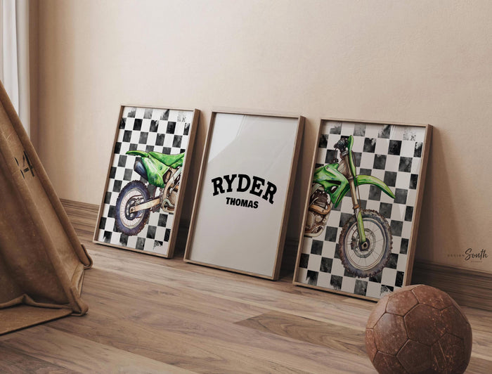 Personalized Dirt Bike Nursery Art: Green Motocross Prints