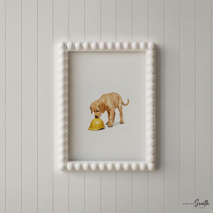 Golden Retriever Construction Nursery Wall Art Set of 3, Puppy Prints with Yellow Hard Hats Safety Vests, Builder Theme, Baby Room Gift