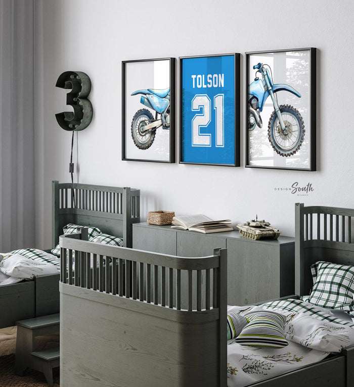 Blue Dirt Bike Watercolor Art Prints, Personalized Name Number, Motocross Nursery Decor