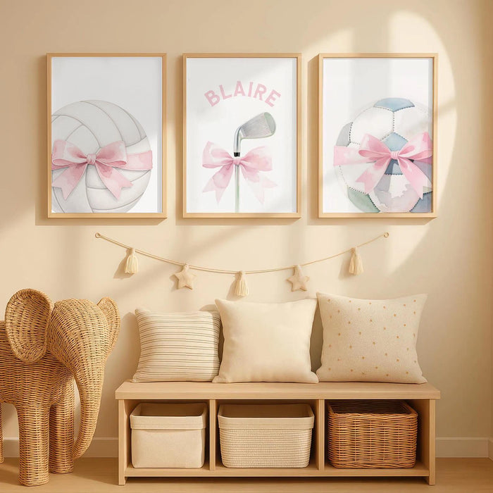 Girls Sports Nursery Wall Art Set of 3, Pink Soccer Volleyball Golf Prints with Bows, Personalized Baby Girl Room Decor