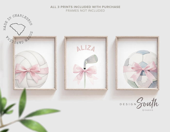 Girls Sports Nursery Wall Art Set of 3, Pink Soccer Volleyball Golf Prints with Bows, Personalized Baby Girl Room Decor
