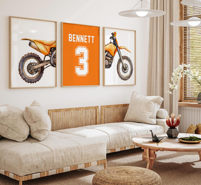 Orange Dirt Bike Watercolor Art Prints, Personalized Name Number, Motocross Nursery Decor