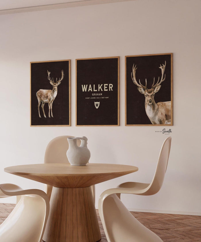 Deer Hunting Nursery Wall Art Set of 3, Watercolor Buck Deer Antler Prints, Personalized Name Initial, Every Legend Has a First Hunt