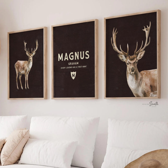 Deer Hunting Nursery Wall Art Set of 3, Watercolor Buck Deer Antler Prints, Personalized Name Initial, Every Legend Has a First Hunt