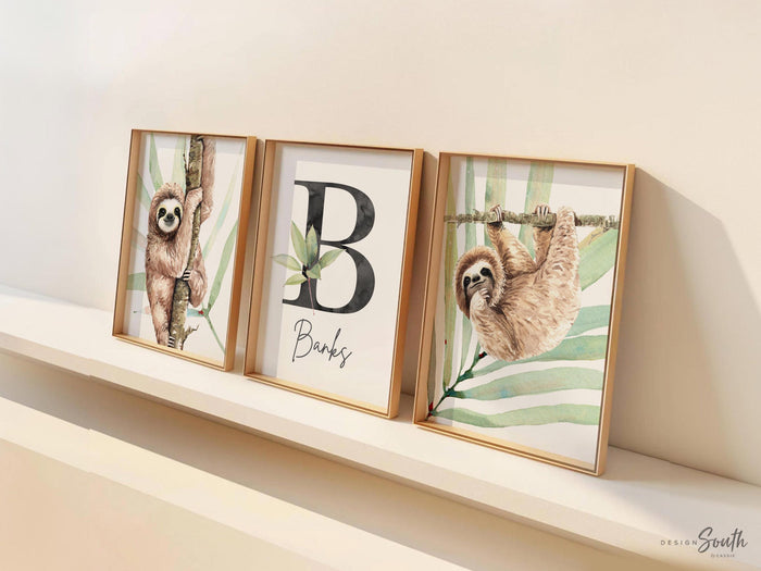 Sloth wall art set, sloth themed baby nursery, sloth nursery ideas, sloth tropical rainforest room decor, sloth boy monogram, toddler sloths