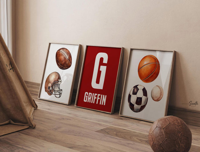 Ochre Yellow Sports Nursery Prints Set of 3, Football Soccer Baseball Basketball Wall Art, Personalized Boy Bedroom Decor Gift