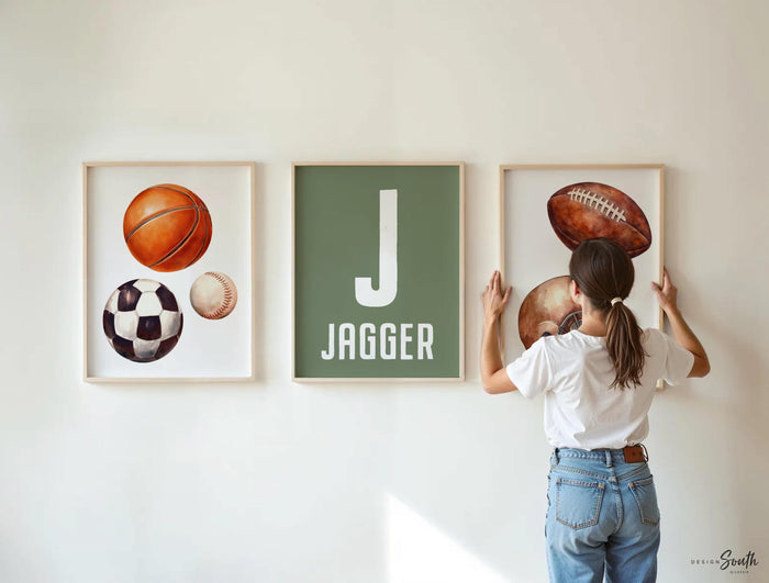 Sports Nursery Wall Art Set of 3, Green Sports Balls Prints, Football Soccer Baseball Basketball, Personalized Name, Boy Room Decor Gift