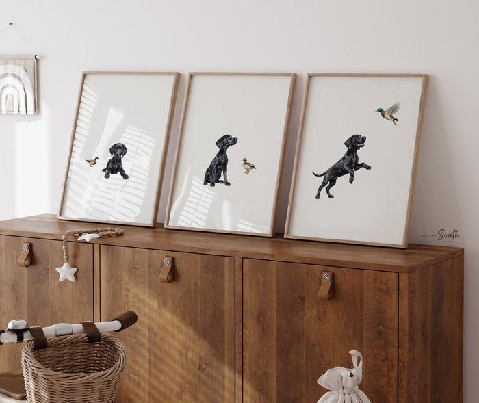 Black Lab Nursery Wall Art Set of 3, Retriever Puppy Duck Hunting Prints, Bird Dog Bedroom Decor for Baby Kids Playroom Gift Black Labradors